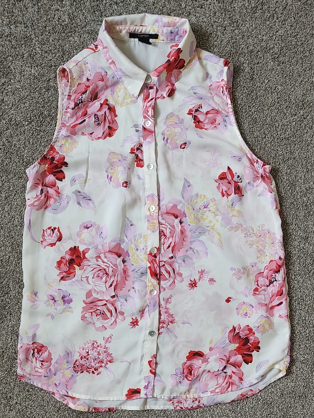 Forever 21 Size Small Polyester Sleeveless Floral Print Button Down Collared Top